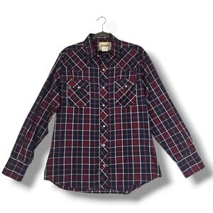 Wrangler Men's Western Snap Shirt Size Large Navy Plaid Pearl Snaps